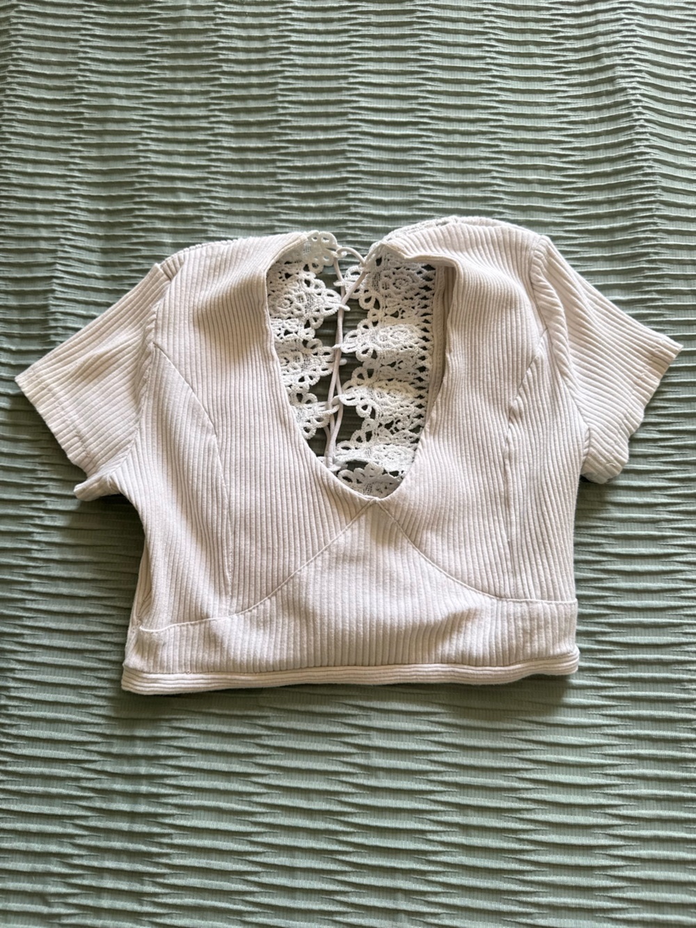Crochet Back Ribbed Knit Crop Top in Light Cream